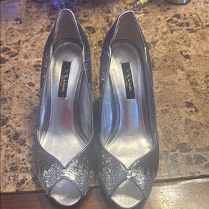 Nina  Glittering Silver Peep-Toe Heels